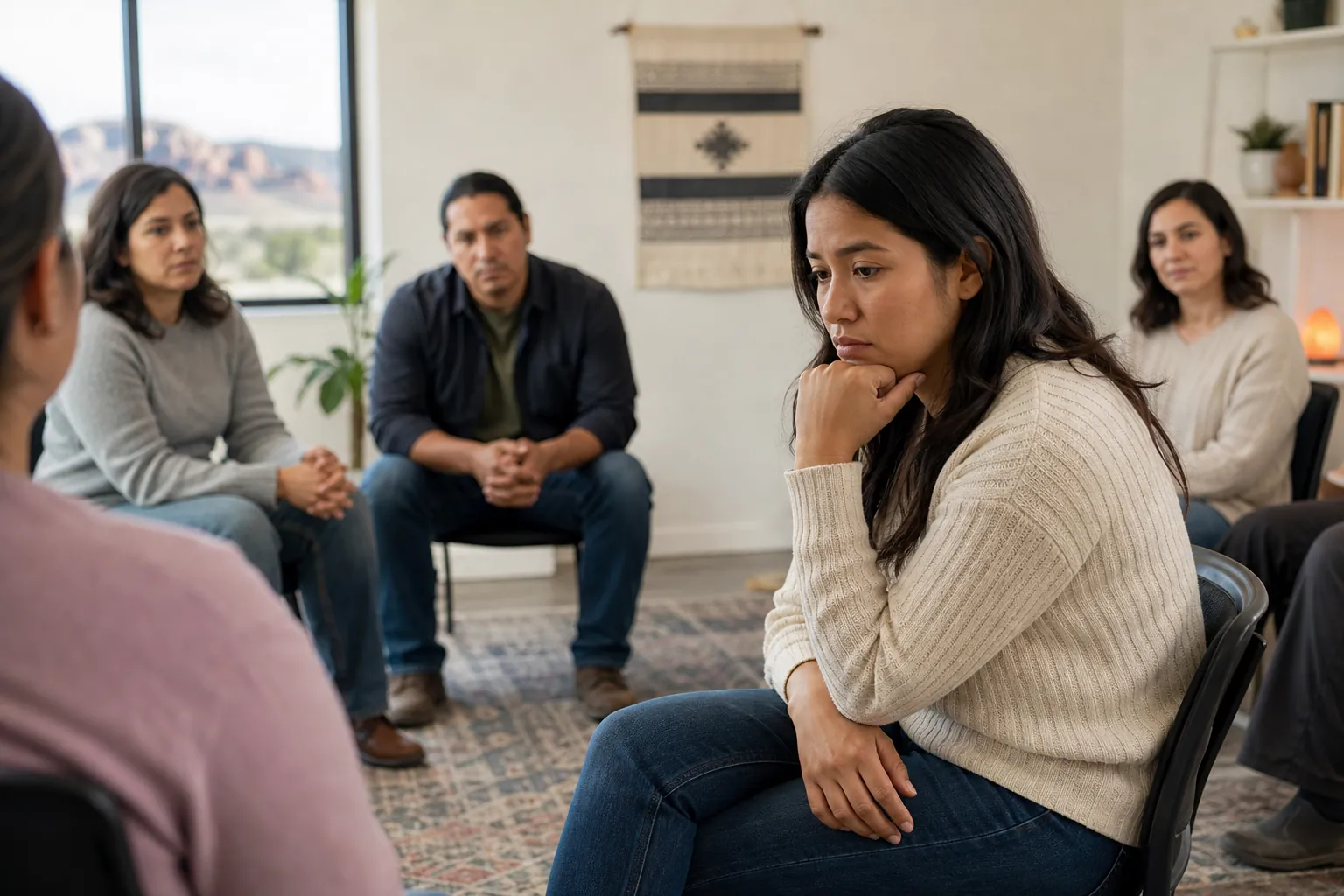 A serious-looking woman rests her chin on her hand while seated with other adults in a group discussion circle.