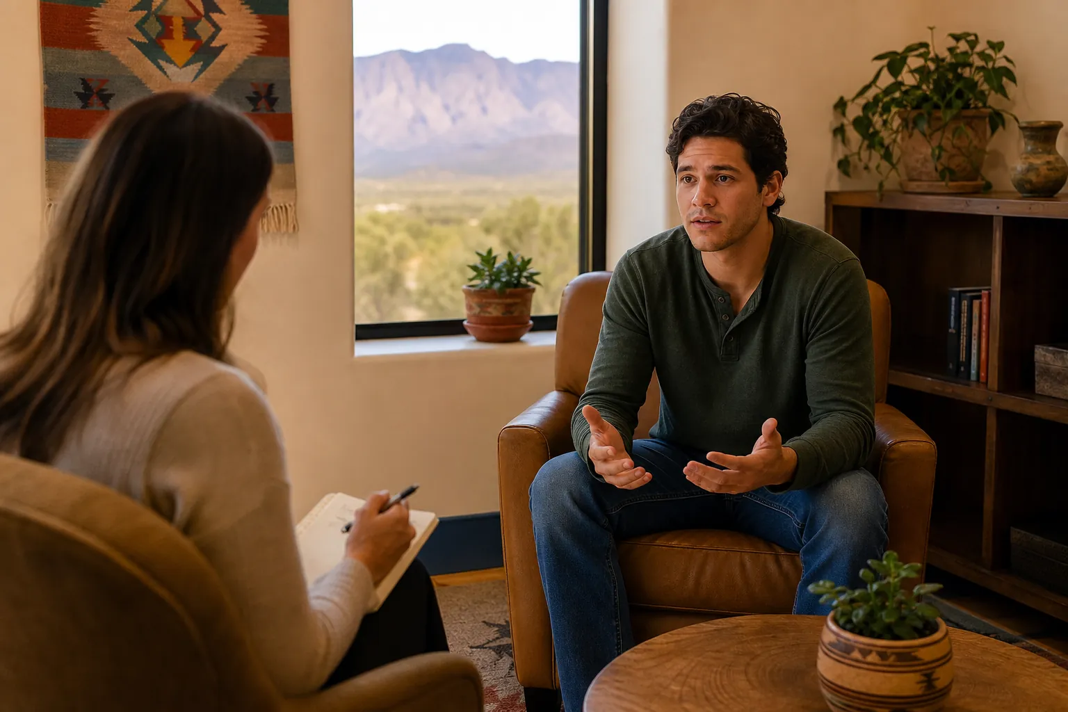 A man gestures while speaking with a counselor taking notes in a warmly furnished office with a mountain view.