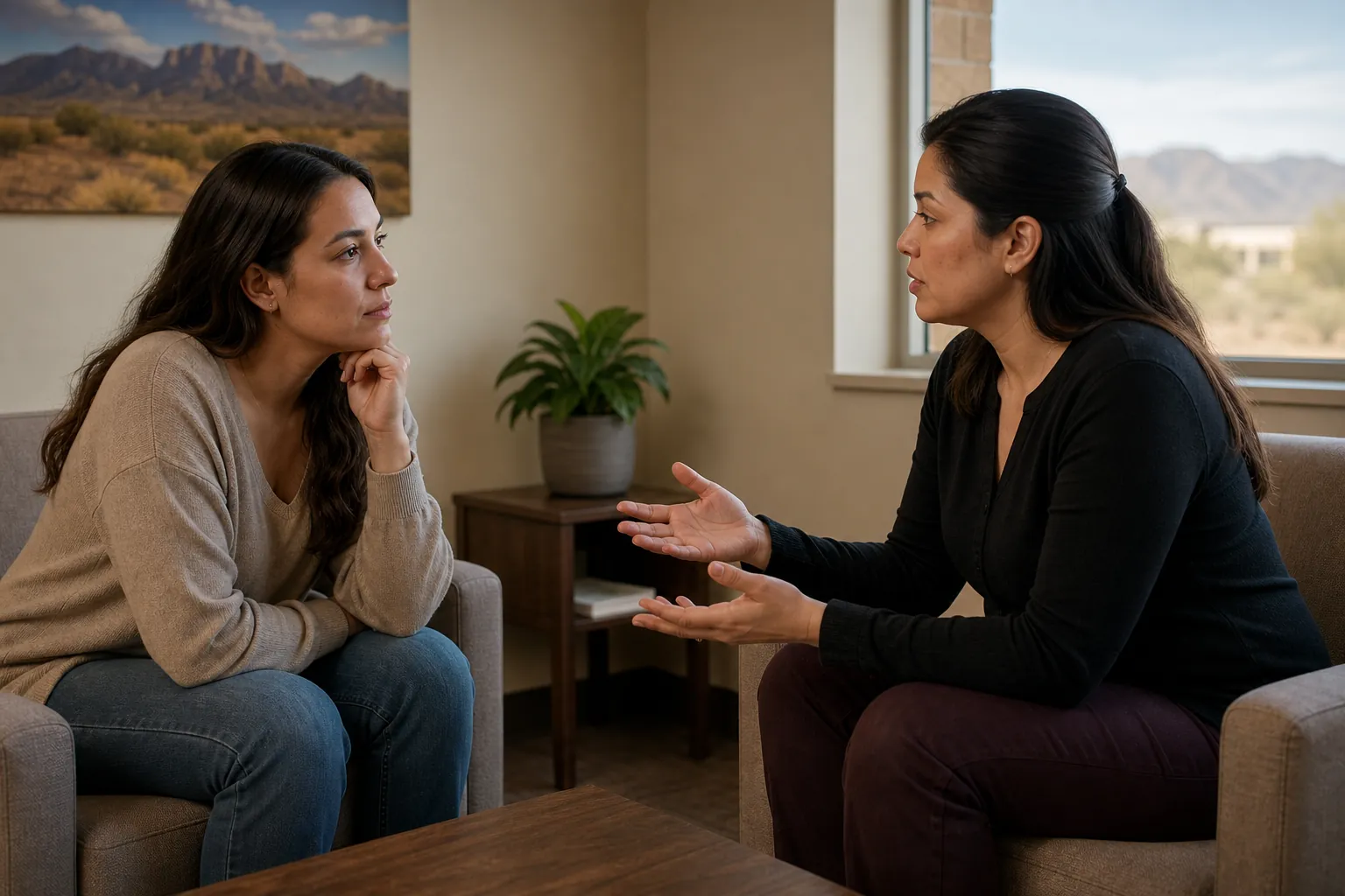 Two women sit facing each other in a counseling room, one listening while the other speaks with open hands.