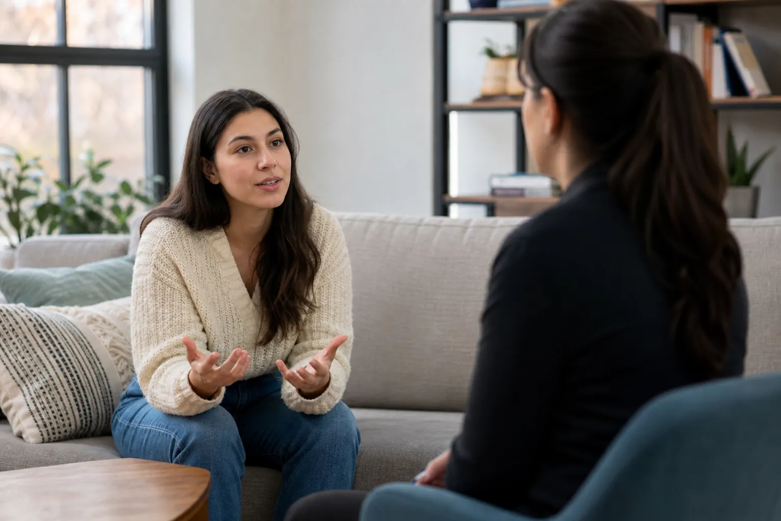 A woman in a cream sweater gestures while talking with another woman seated across from her in a comfortable office.