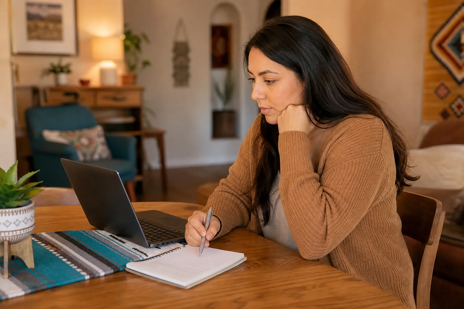 A woman in a brown cardigan writes in a notebook beside an open laptop at a wooden table in a warmly lit home.