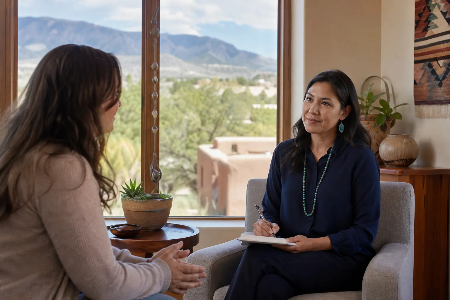 A therapist takes notes while listening to a woman during a private counseling session in a bright office.