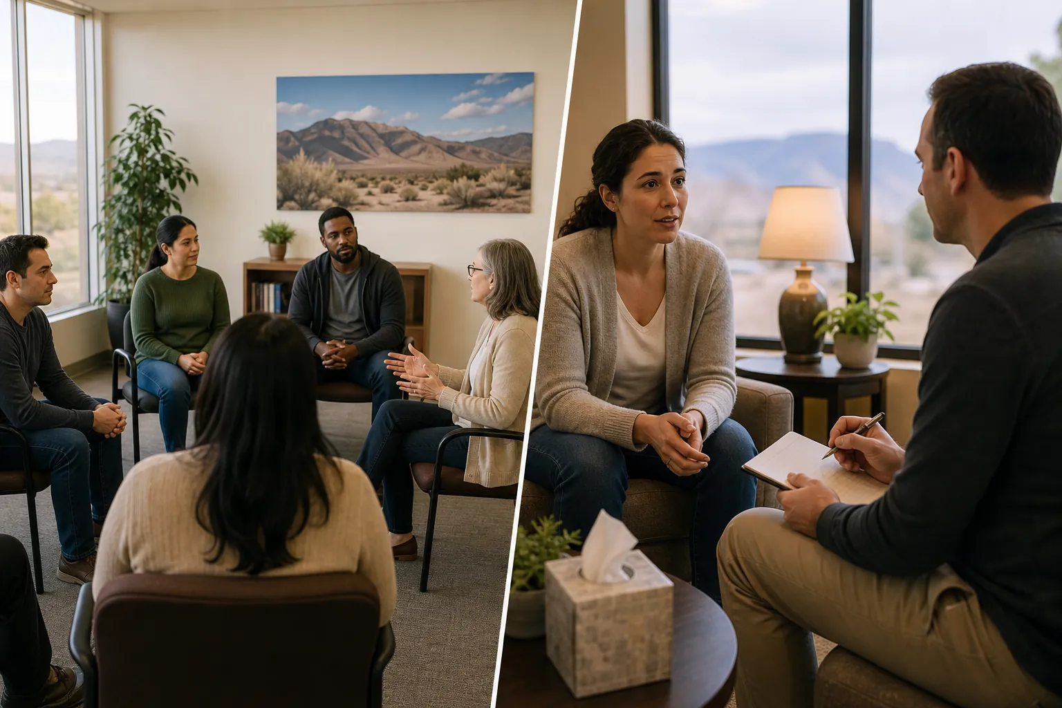Split view of adults in a group therapy circle and a woman speaking with a counselor holding a notebook in sunlit rooms.