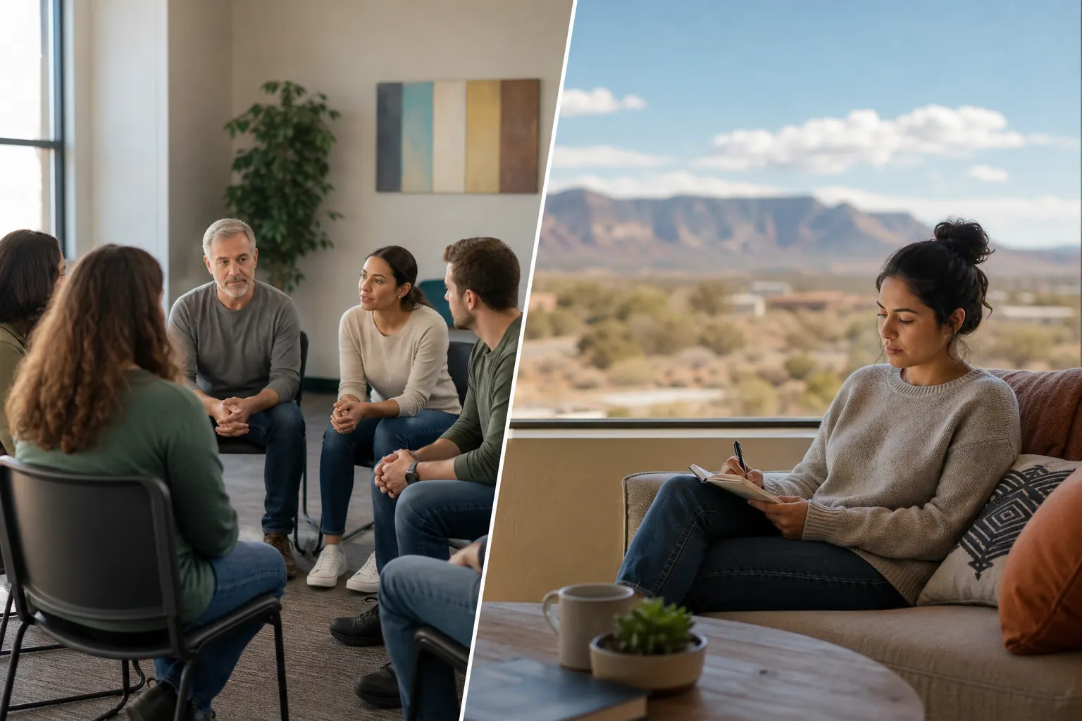 Split view of adults in a seated discussion group and a woman writing in a notebook beside a window overlooking desert mesas.