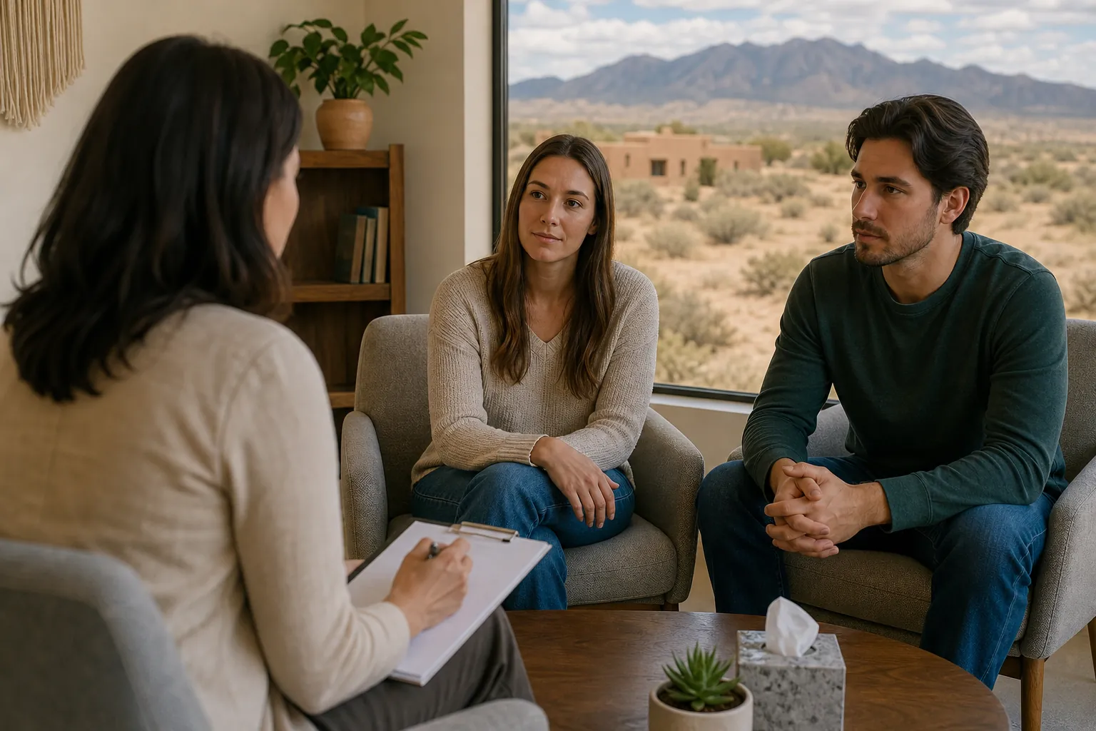 Two adults sit facing a woman holding a clipboard in an office with desert terrain and mountains visible through a window.