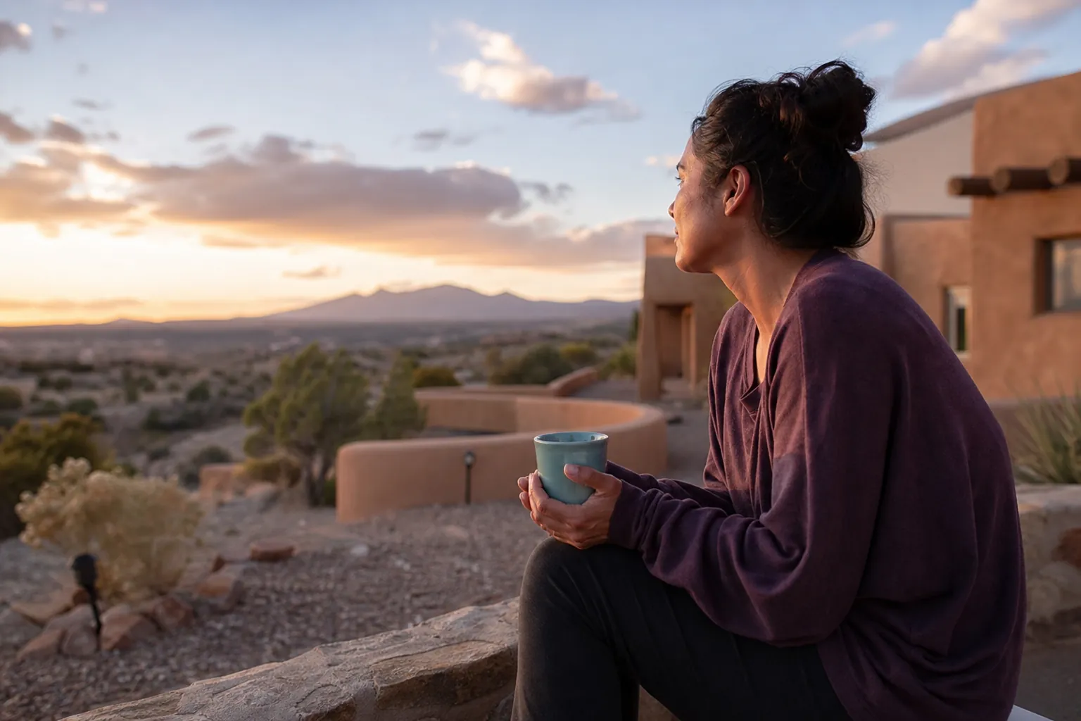 A woman in a purple sweater holds a blue mug on a stone ledge, facing a desert sunset beside adobe-style buildings.