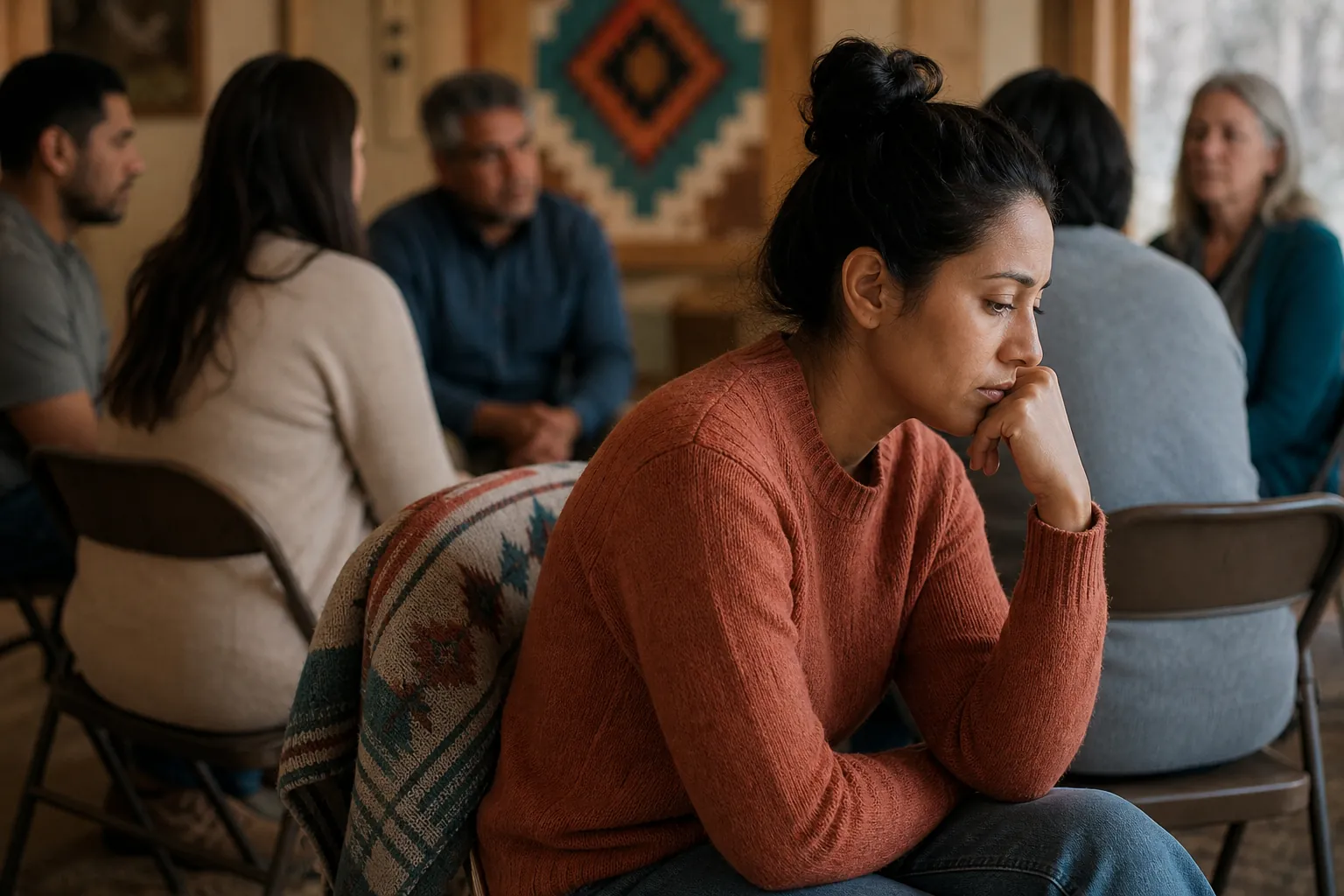 A pensive woman in a rust sweater rests her chin on her hand while five other adults sit together behind her.