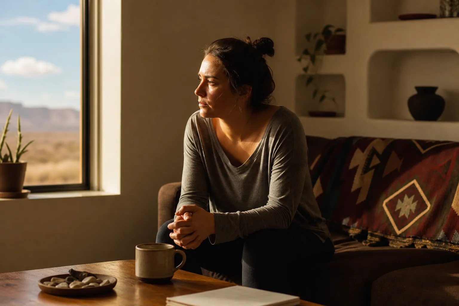 A woman sits on a patterned sofa with her hands clasped, gazing out a sunlit window toward a desert landscape.
