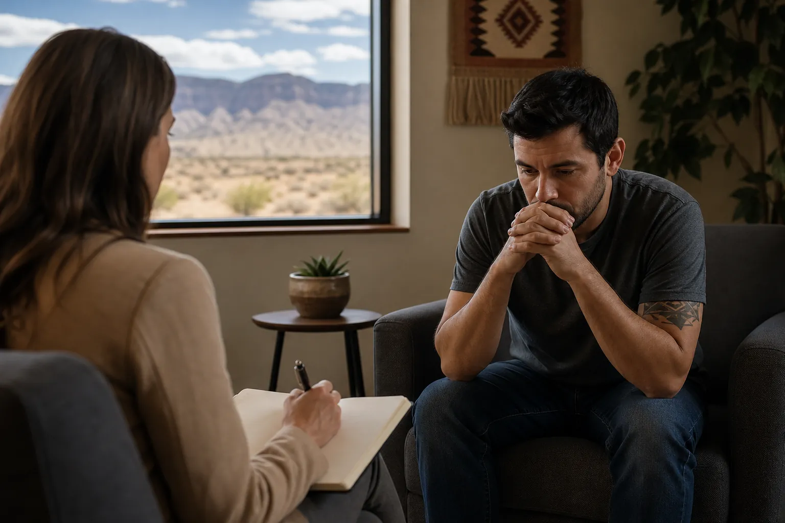 A man leans forward with clasped hands as a woman holds a pen and notebook, with desert mountains visible through a window.