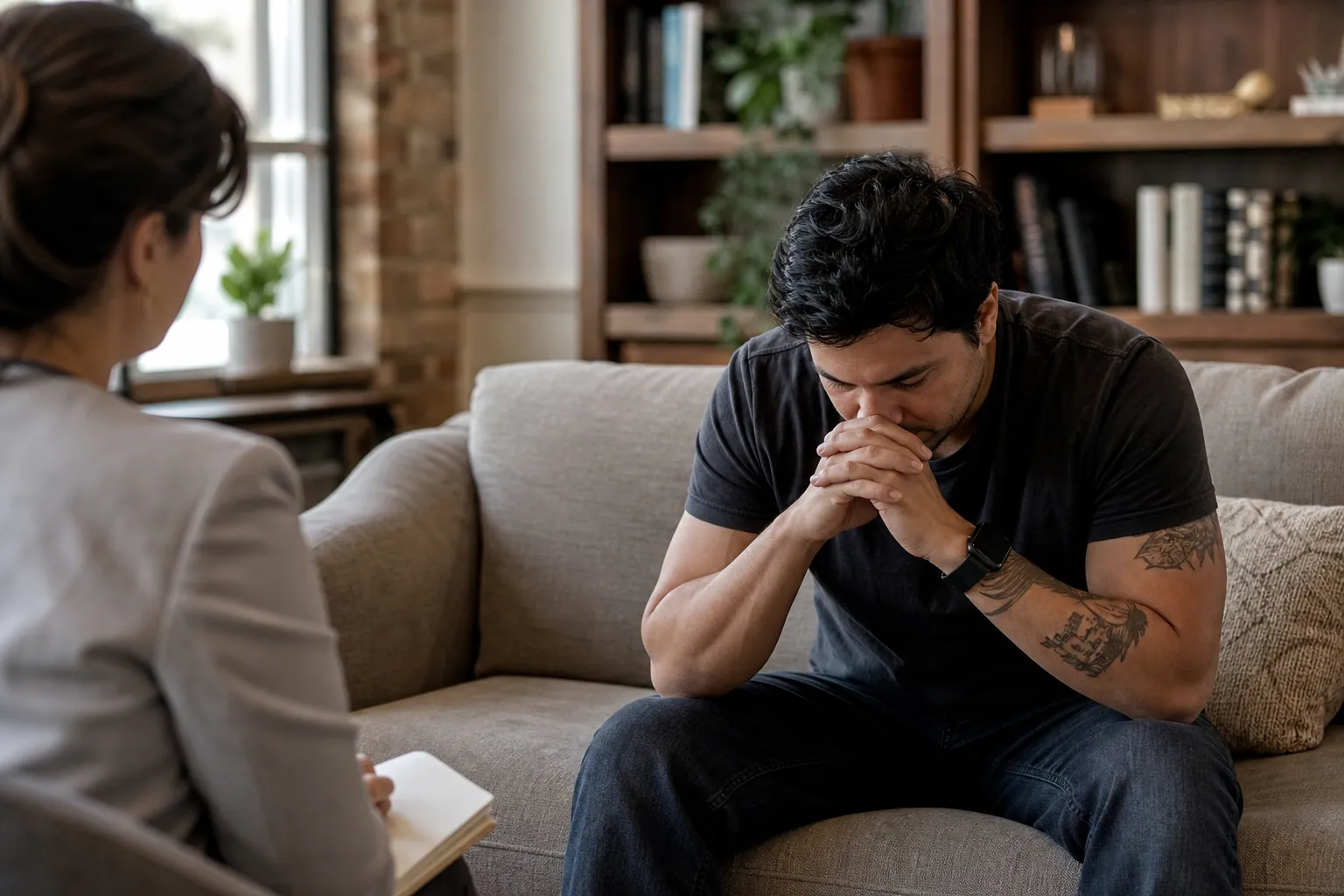 A man leans forward on a couch with his head bowed and hands clasped while a woman opposite him holds a notebook.