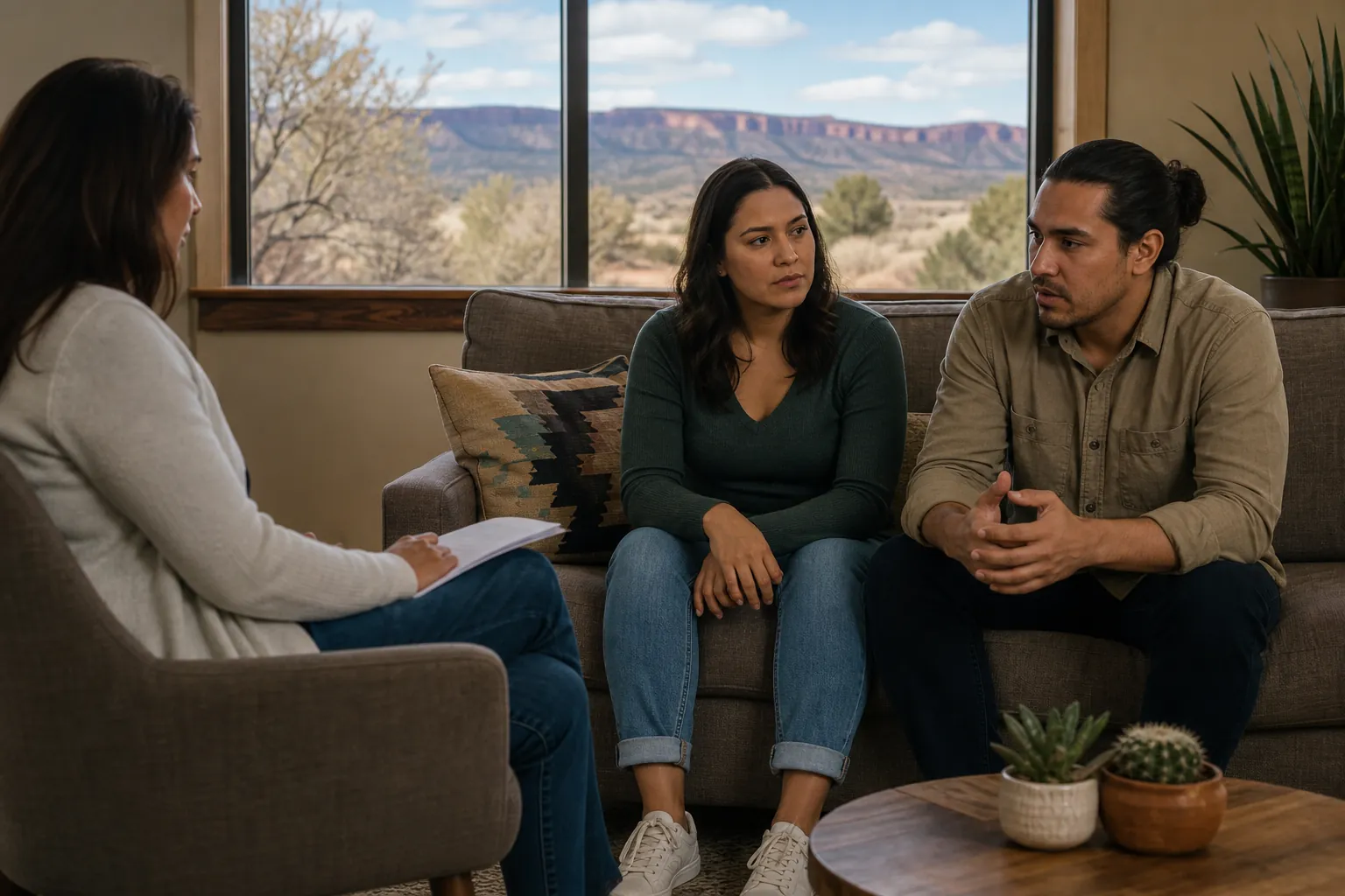 A couple speaks with a counselor in a living room overlooking a desert landscape in New Mexico.