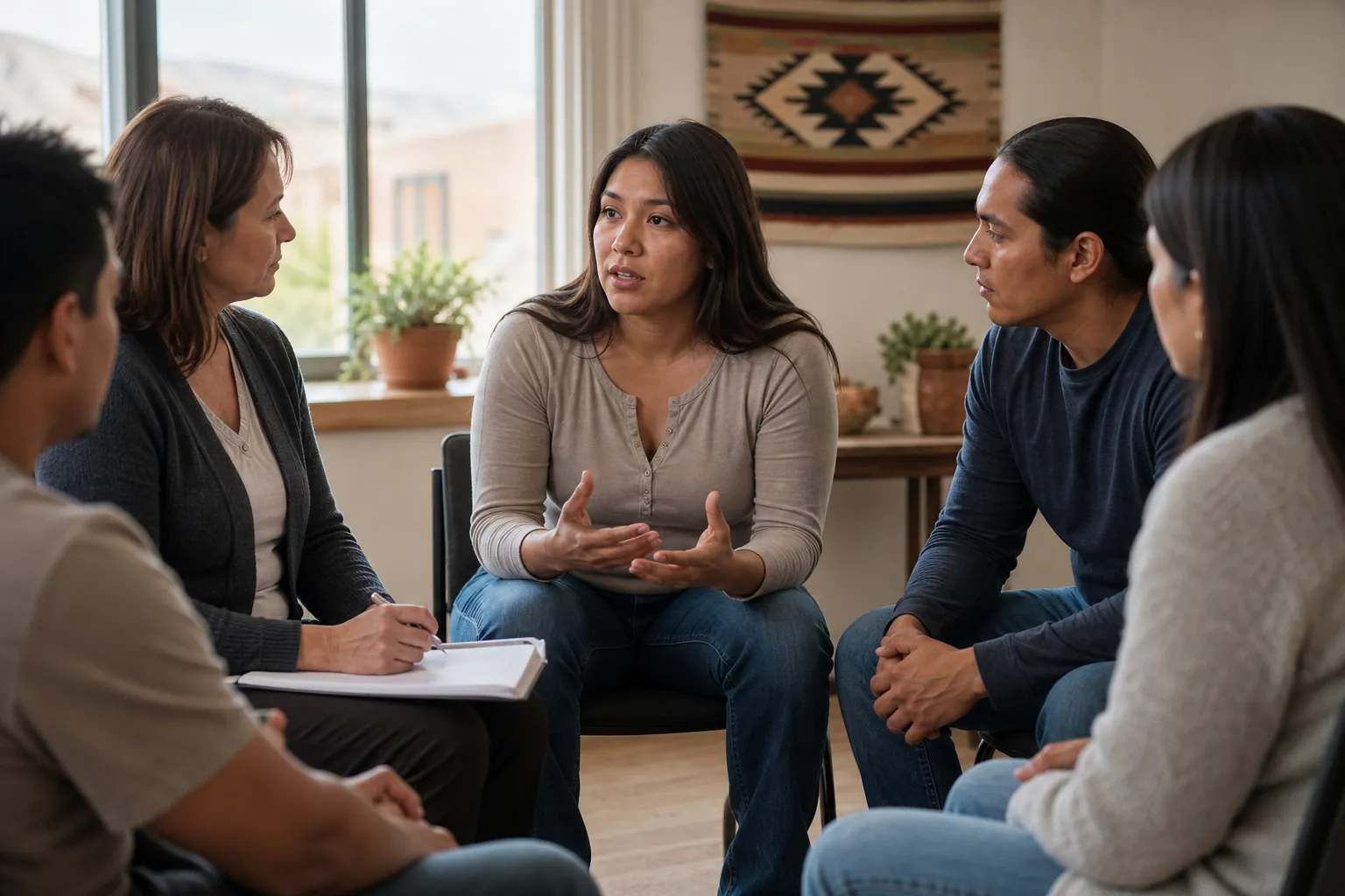 Five adults sit in a counseling circle as one woman speaks and another takes notes in a Southwest-style room.