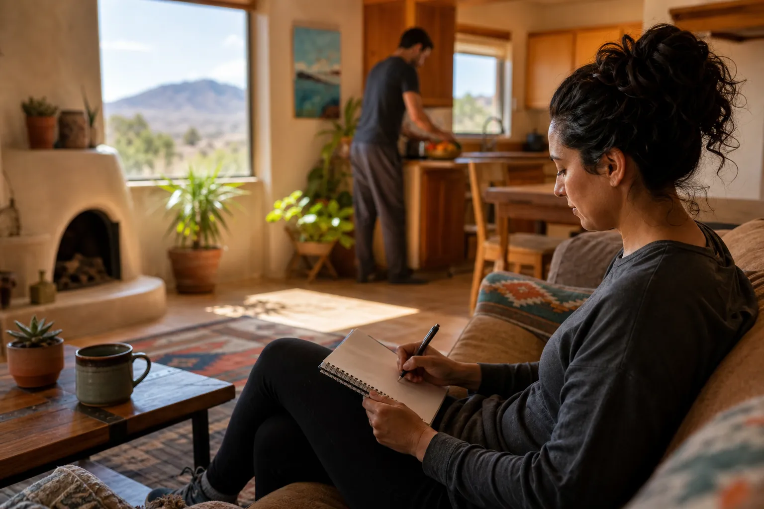 Woman writes in a notebook on a living room sofa while a man prepares food in the kitchen.