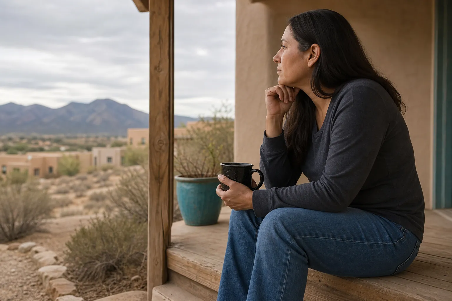 A woman holding a black mug sits thoughtfully on a porch overlooking desert homes and distant mountains.