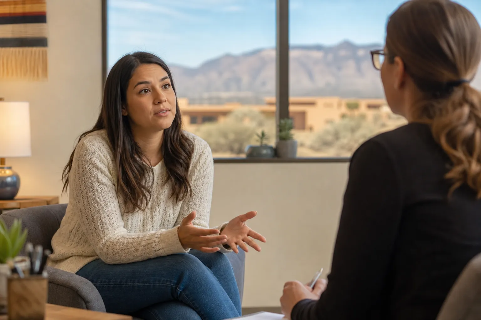 A woman gestures while speaking with a counselor who holds a notepad in a bright office overlooking mountains.