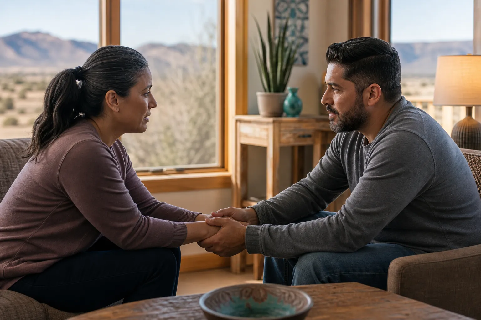 A woman and man sit facing each other, holding hands in a warmly lit room with desert mountains visible through large windows.