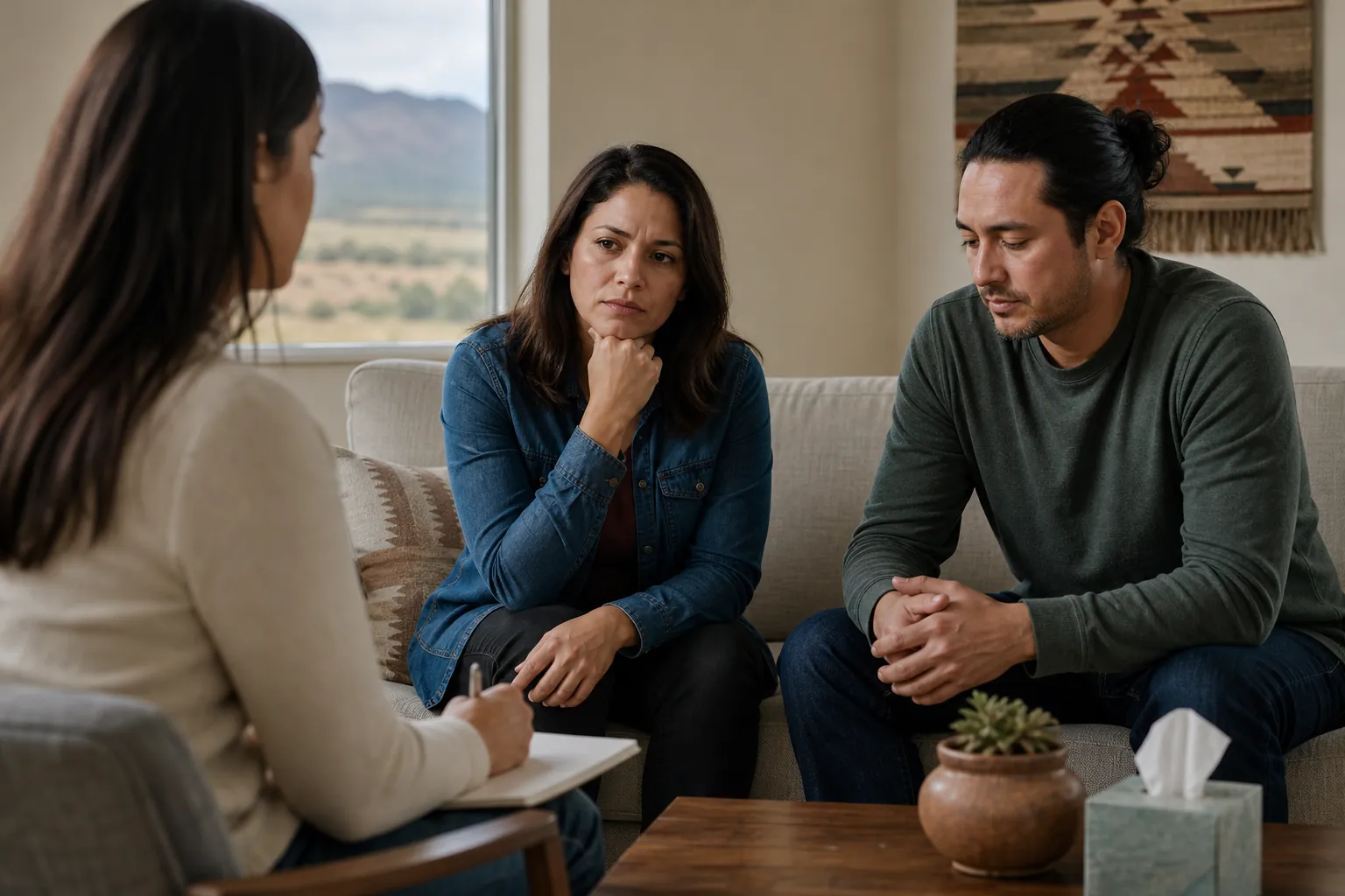 A counselor holds a notebook while a serious-looking woman and man sit on a sofa, with tissues on the table nearby.