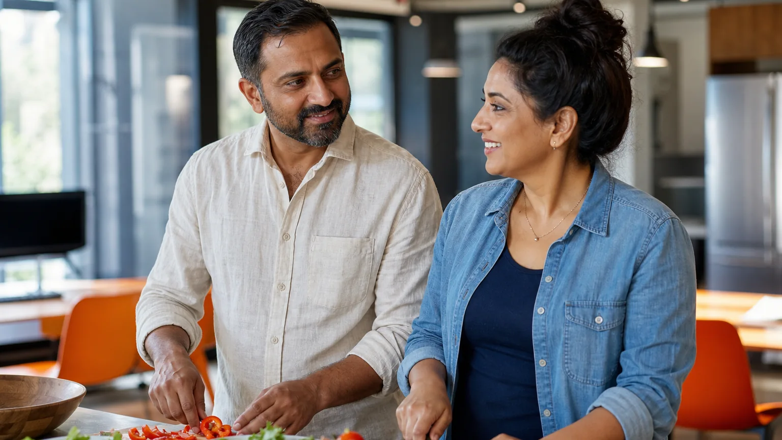 An adult man and woman smile at each other while chopping vegetables at a kitchen counter, with orange chairs behind them.