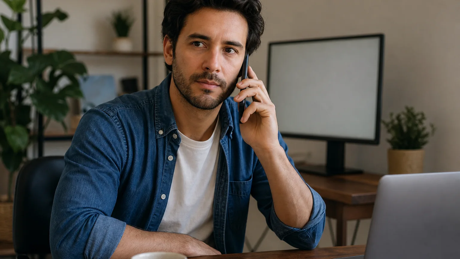 A man in a denim shirt holds a phone to his ear at a home-office desk with a laptop, notebook, and mug.