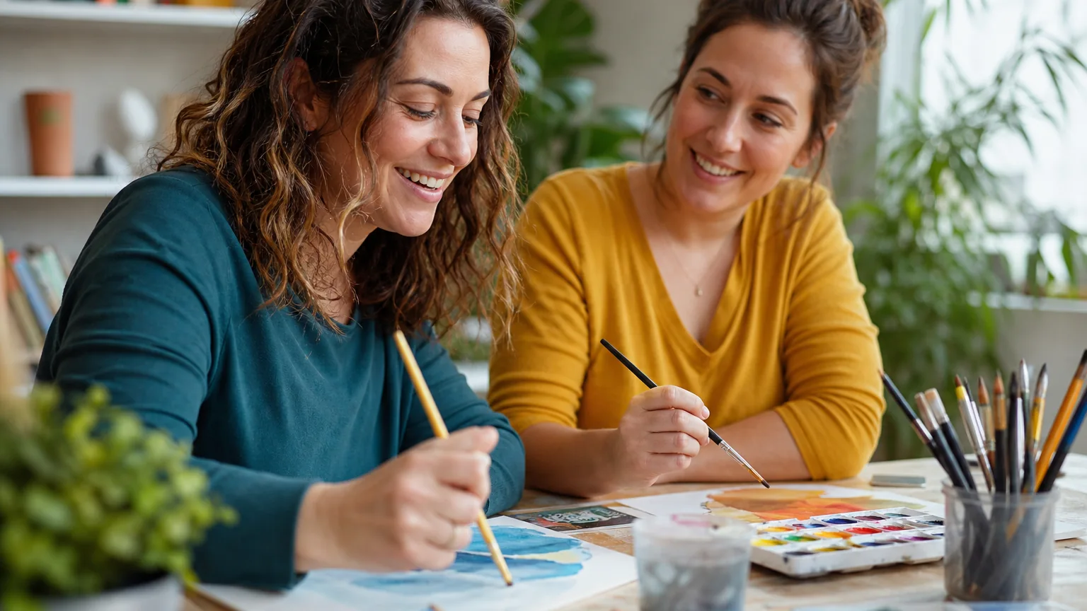 Two smiling adult women paint watercolors at a table with brushes, palettes, and art supplies in a bright, plant-filled room.