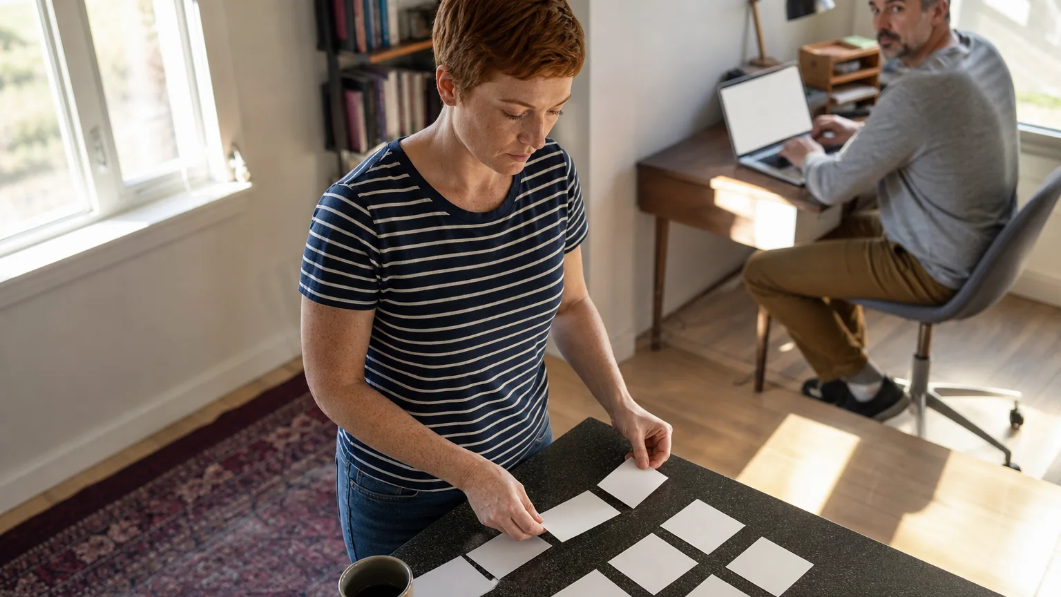 A woman stands arranging blank cards on a dark countertop while a man sits at a desk with an open laptop behind her.