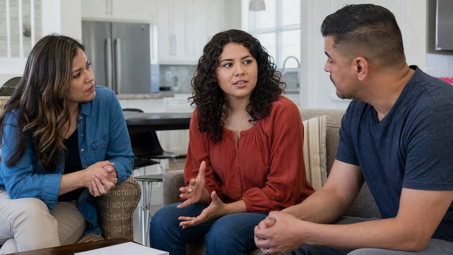Three adults sit facing one another in a living room as a woman gestures during a conversation, with a notebook on the table.