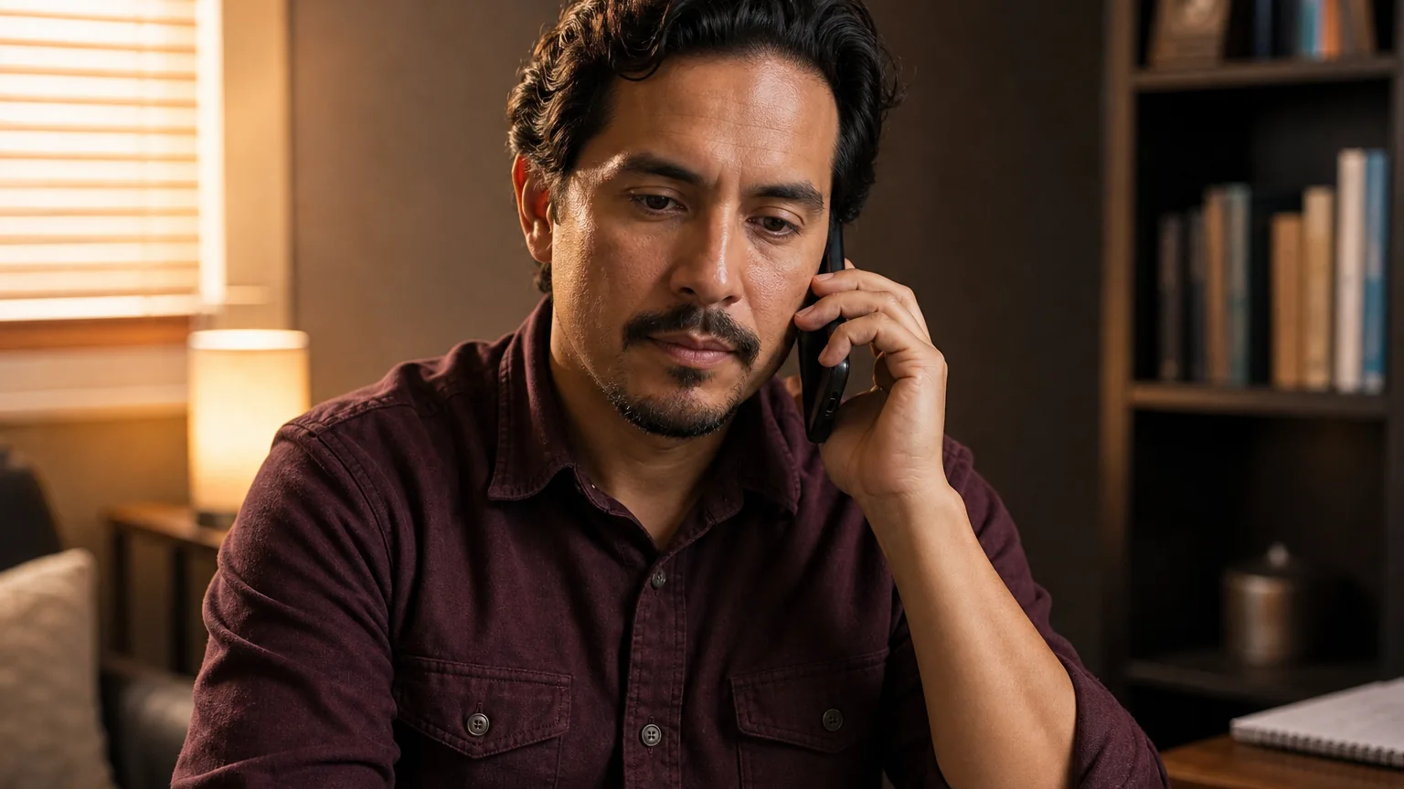 A seated adult man in a burgundy shirt holds a phone to his ear, looking down in a warmly lit room with bookshelves.