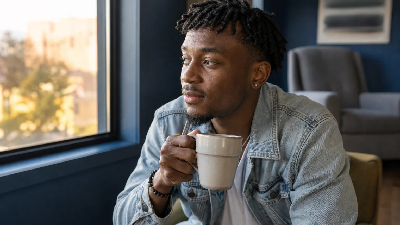 A man in a denim jacket sits beside a large window, holding a plain ceramic mug and looking outside in a deep blue room.
