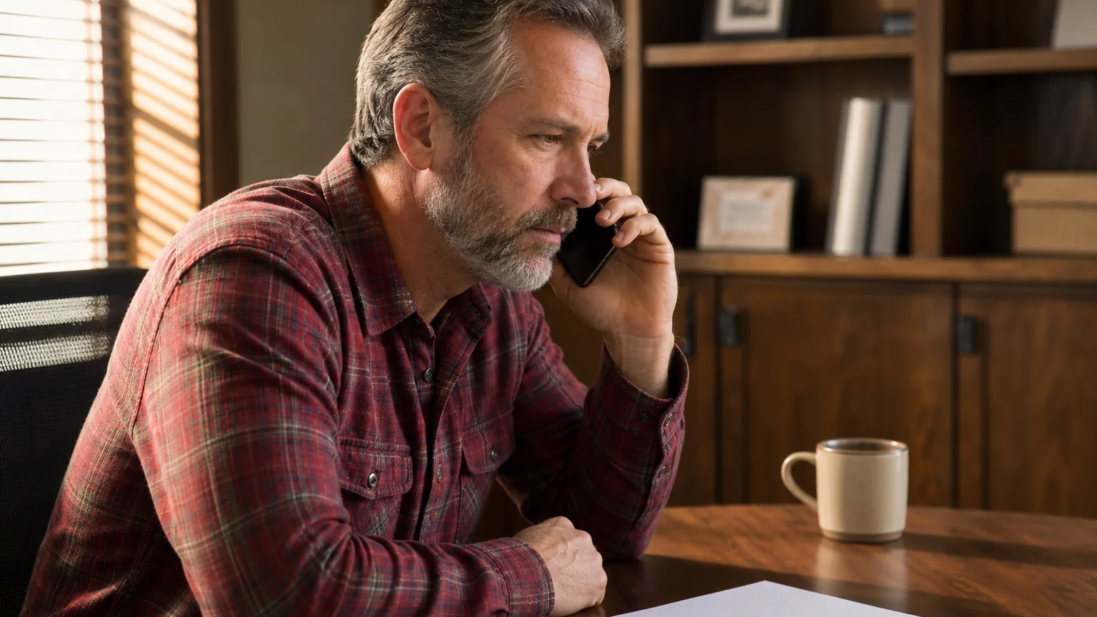 A man in a red plaid shirt holds a phone to his ear at a wooden desk with a blank sheet of paper, pen, and mug.