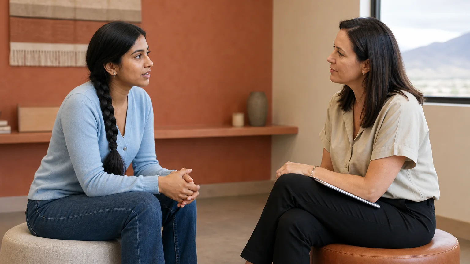 Two adult women sit facing each other in conversation, one with clasped hands and the other holding a notebook on her lap.