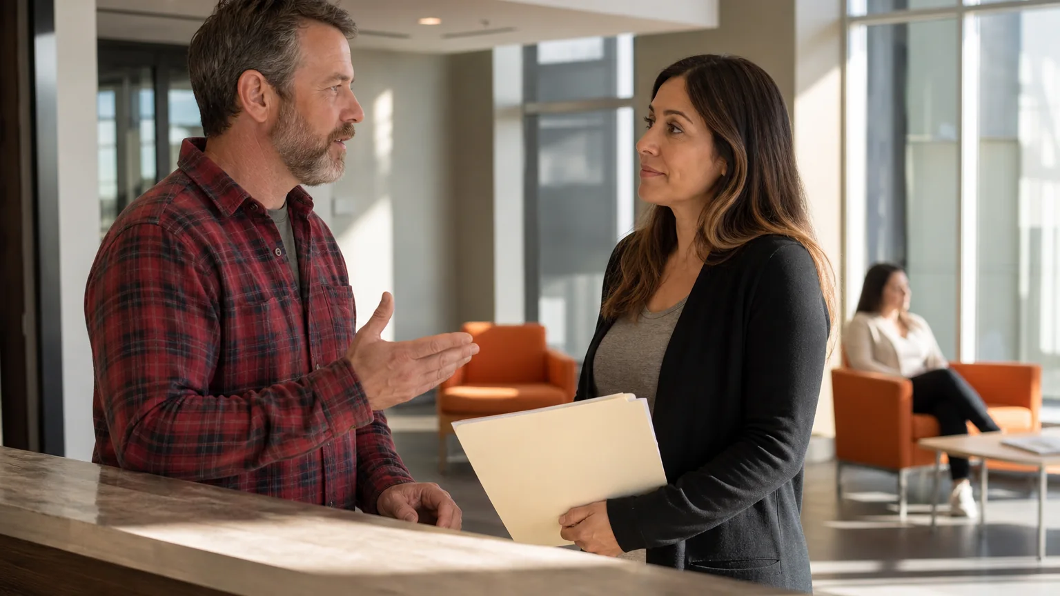 A man in a plaid shirt talks with a woman holding folders at a reception counter, with another woman seated behind them.