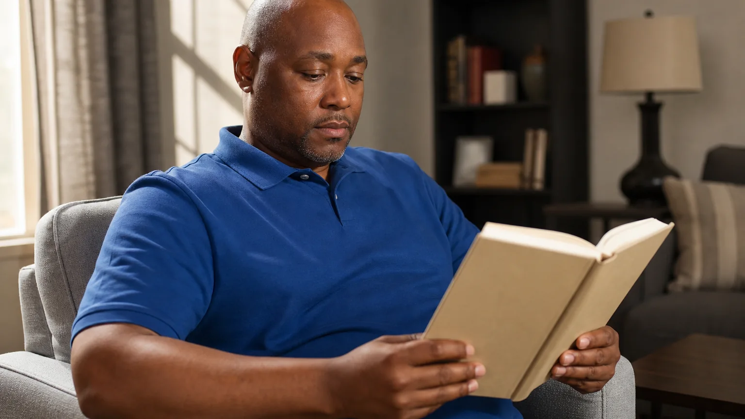 An adult man in a blue polo shirt sits in a gray armchair beside a window, reading an open, unmarked hardcover book.