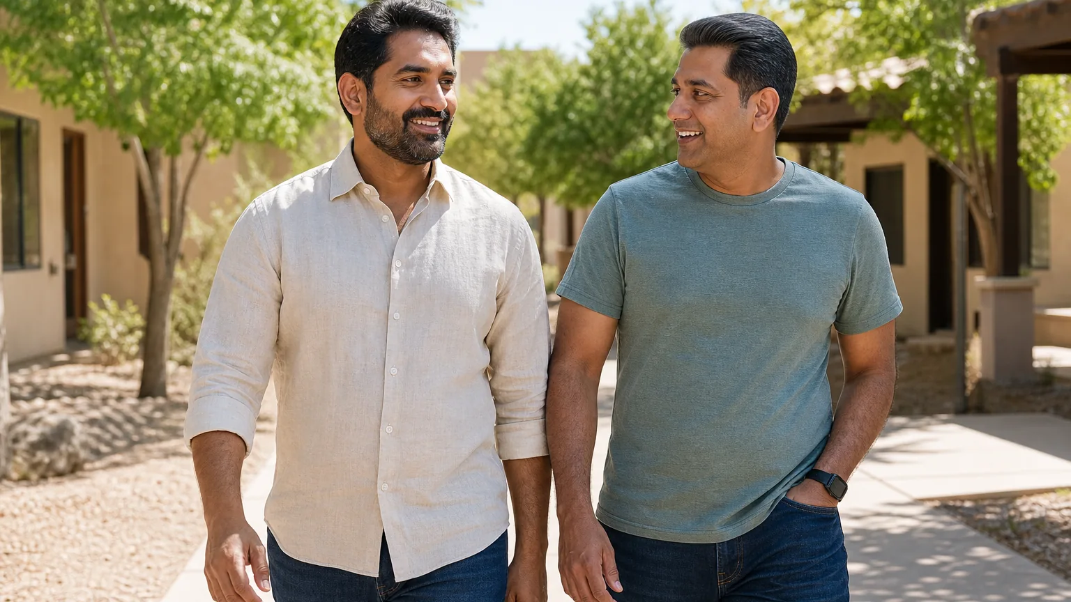 Two adult men smile at each other while walking along a sunny path beside adobe-style buildings and leafy trees.
