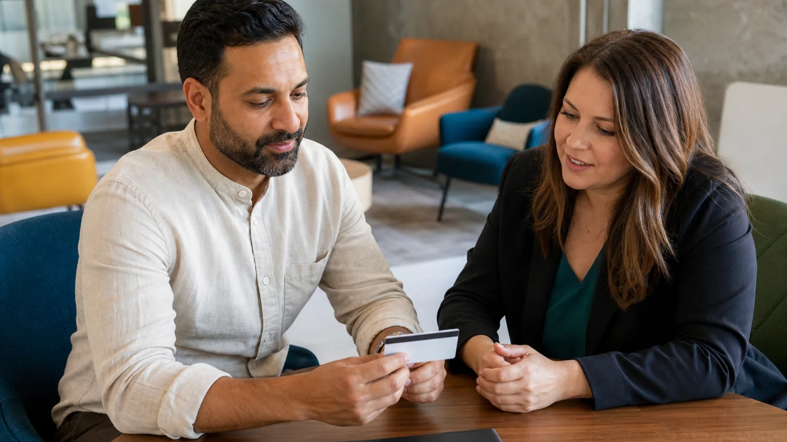 A man holds a blank payment card while a woman in a dark blazer sits beside him at a wooden table in a lounge.