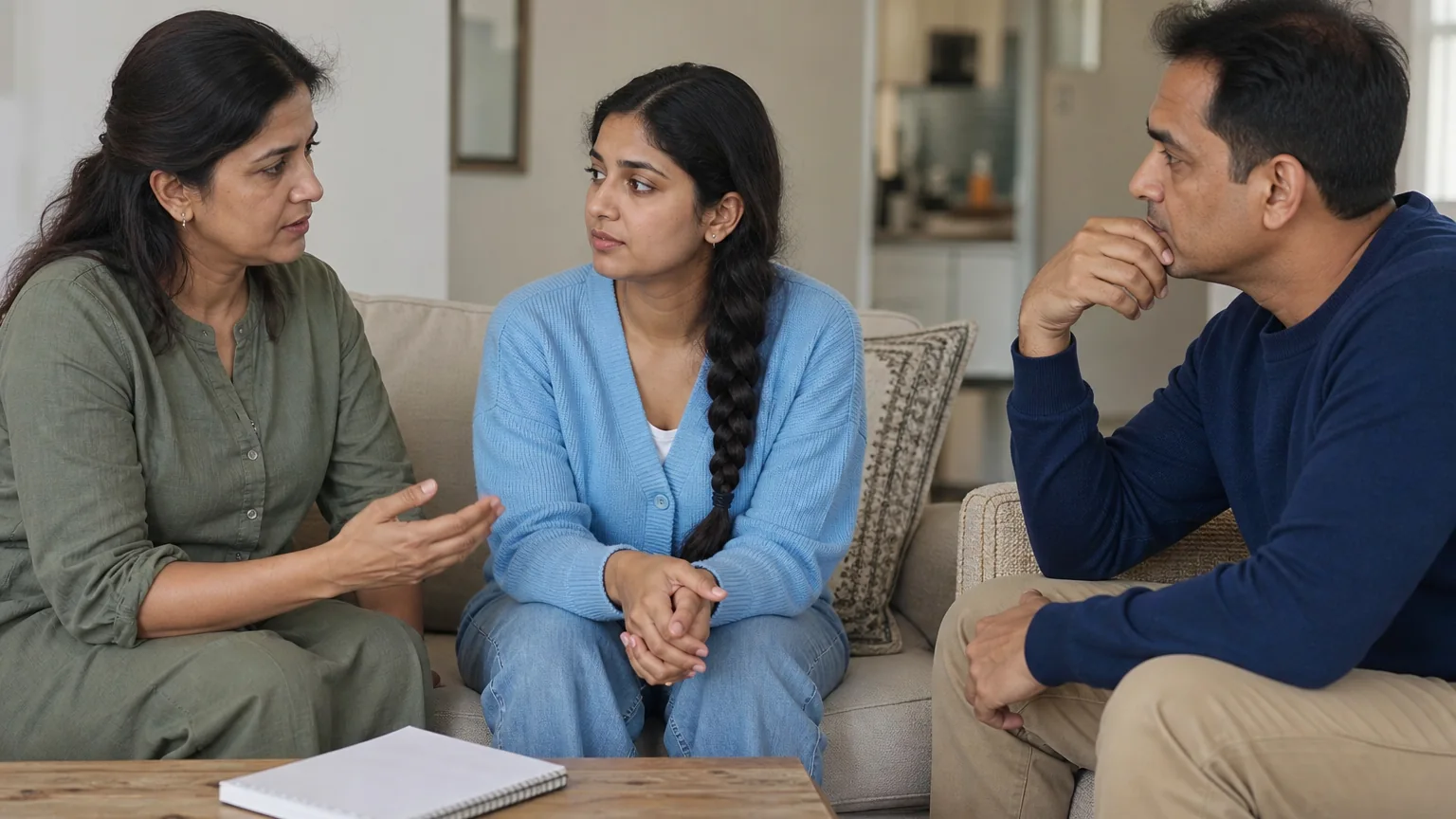 Three adults sit together in a living room, with a woman gesturing as a younger woman and a man listen.