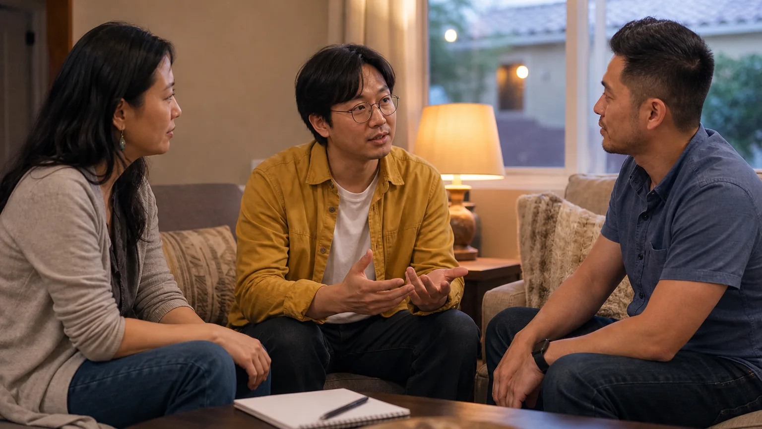 Three adults sit facing one another in a living room as the man in the center gestures during a conversation.