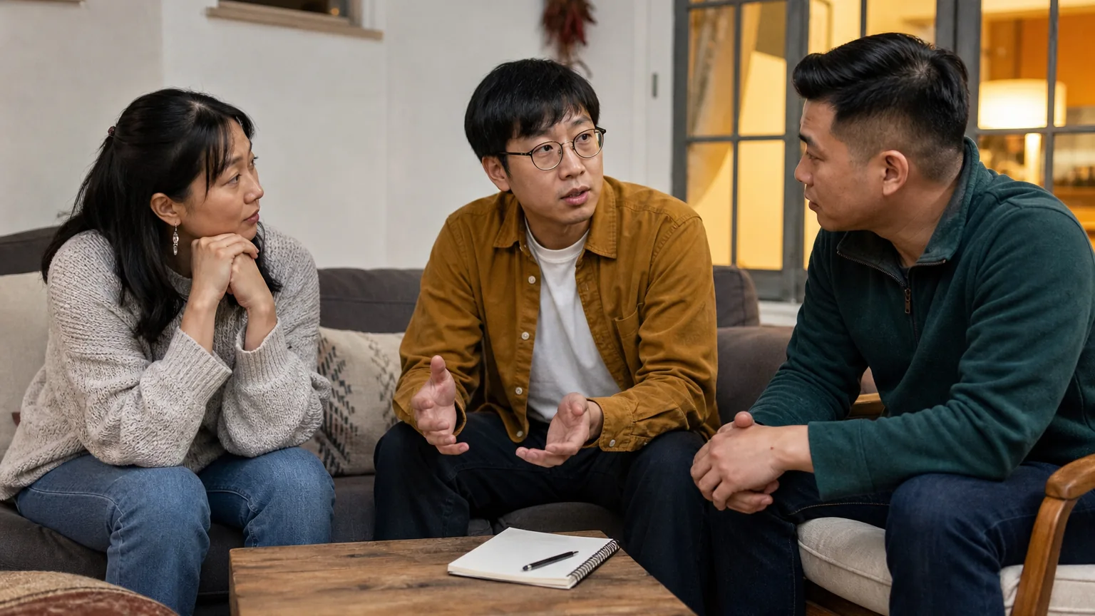 Three adults sit facing one another in a living room, with one gesturing beside a coffee table holding a notebook and pen.