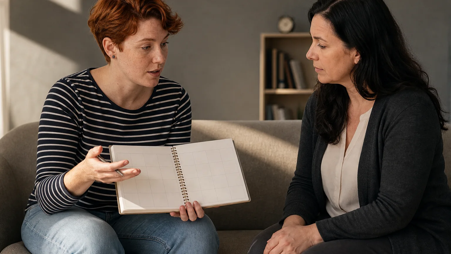 Two adults face each other on a sofa, with one holding an open spiral-bound planner and gesturing as the other listens.