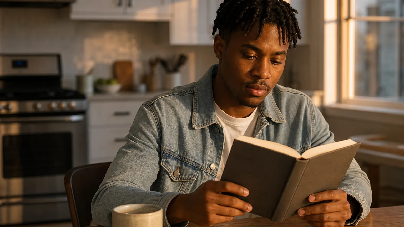 An adult man in a denim jacket reads an unmarked hardcover book at a wooden kitchen table beside a ceramic mug in sunlight.