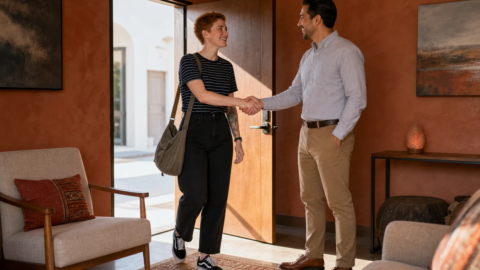 Two smiling adults shake hands beside an open doorway in a warmly decorated room with upholstered chairs.