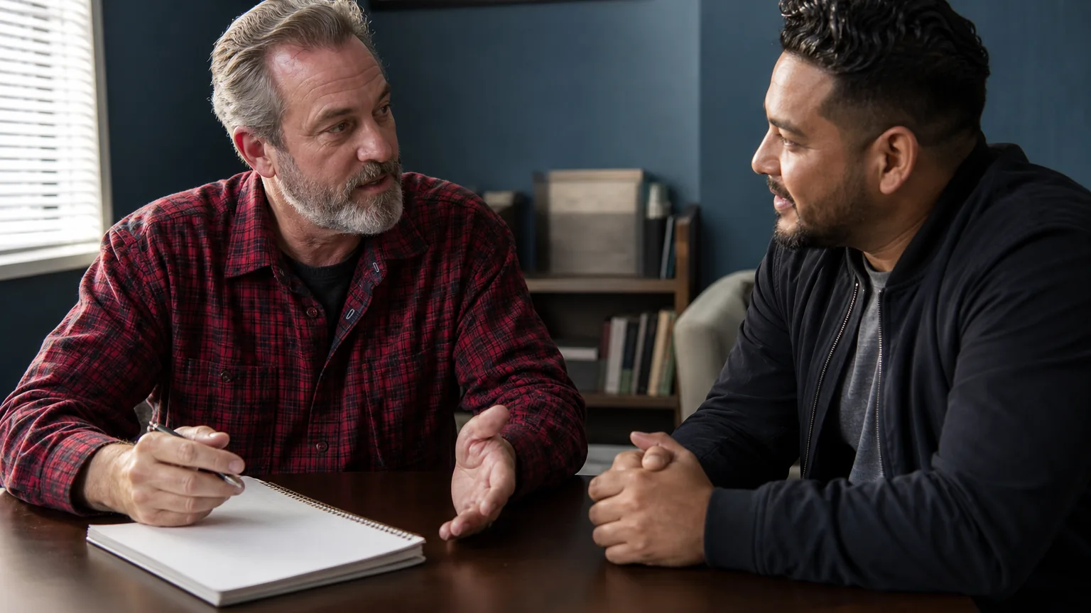 Two adult men talk across a desk in an office, one holding a pen over a notebook while the other listens.