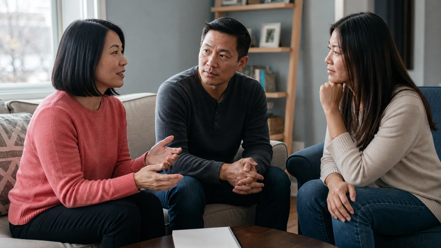 Three adults sit together in a living room, with one woman gesturing as a man and another woman listen attentively.