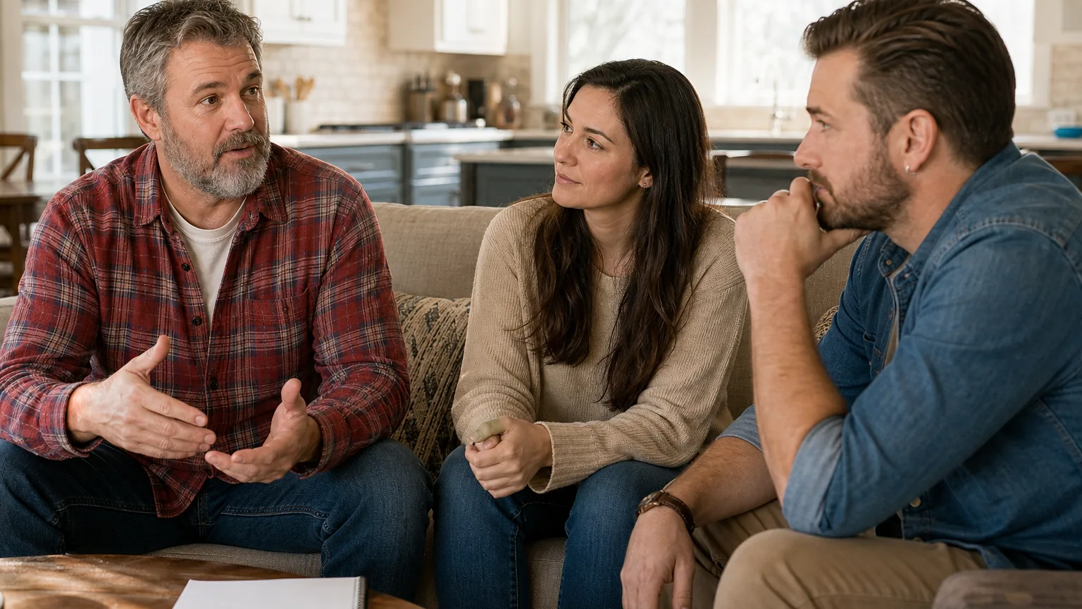 Three adults sit on a sofa as a gray-haired man in a plaid shirt gestures while a woman and a man in denim listen.
