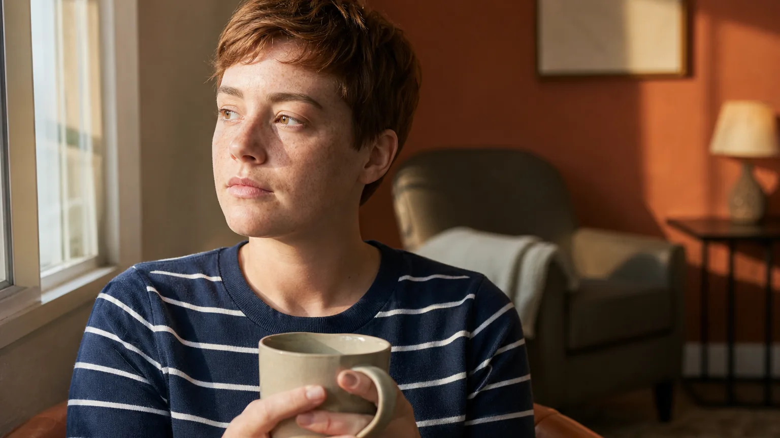 A short-haired adult in a navy striped shirt holds a ceramic mug with both hands while gazing out a sunlit window.
