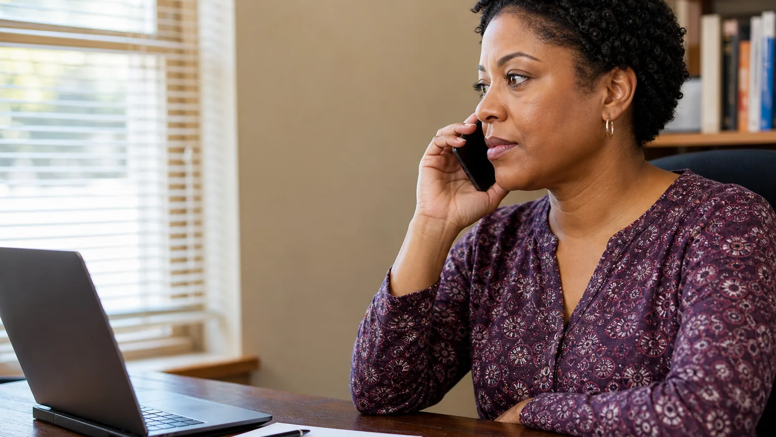 A woman sits at a wooden desk, holding a phone to her ear beside an open laptop, a blank notebook and a pen.