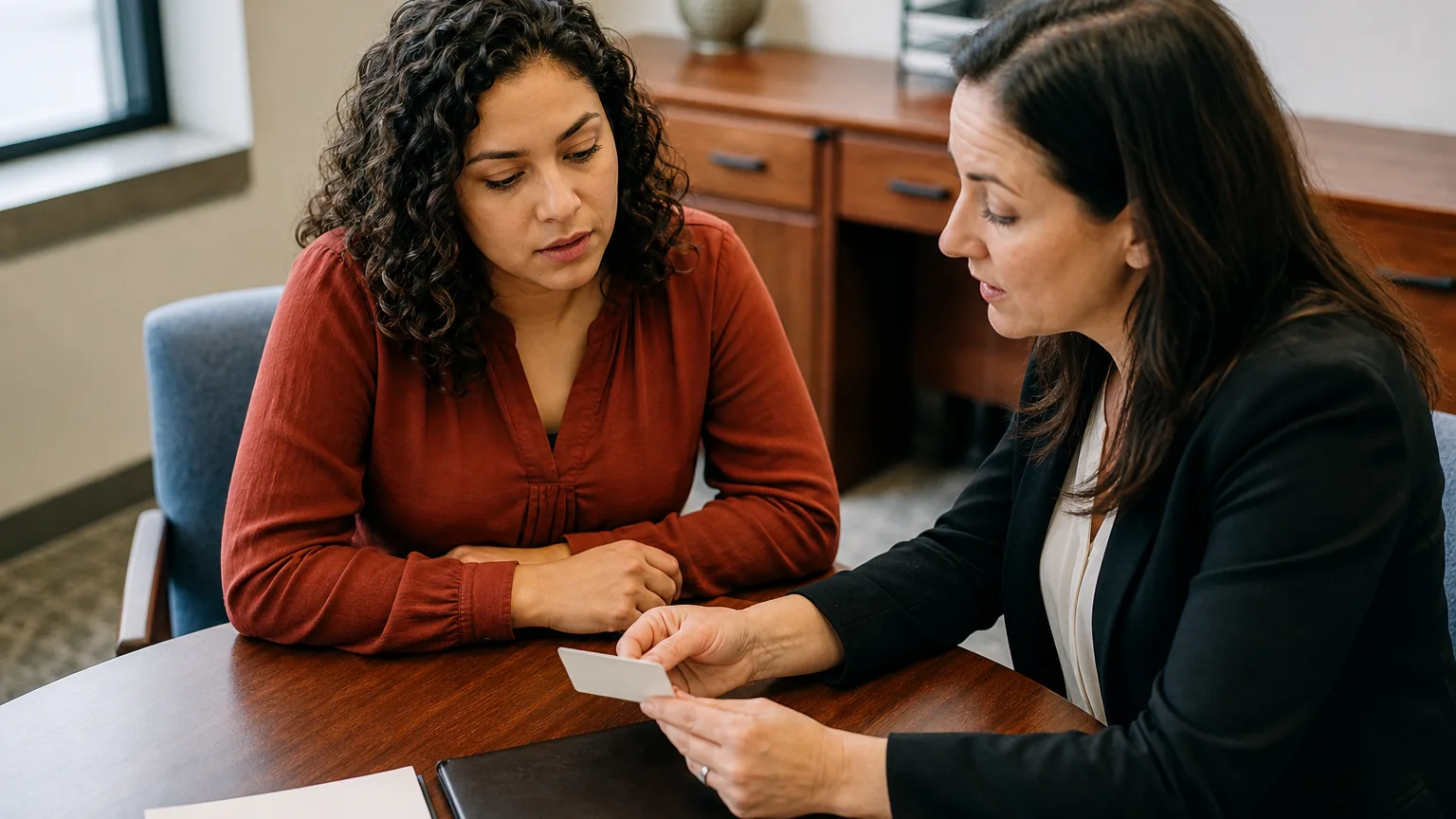 Two adult women sit across a wooden desk, looking at a small white card held by the woman in a black blazer.
