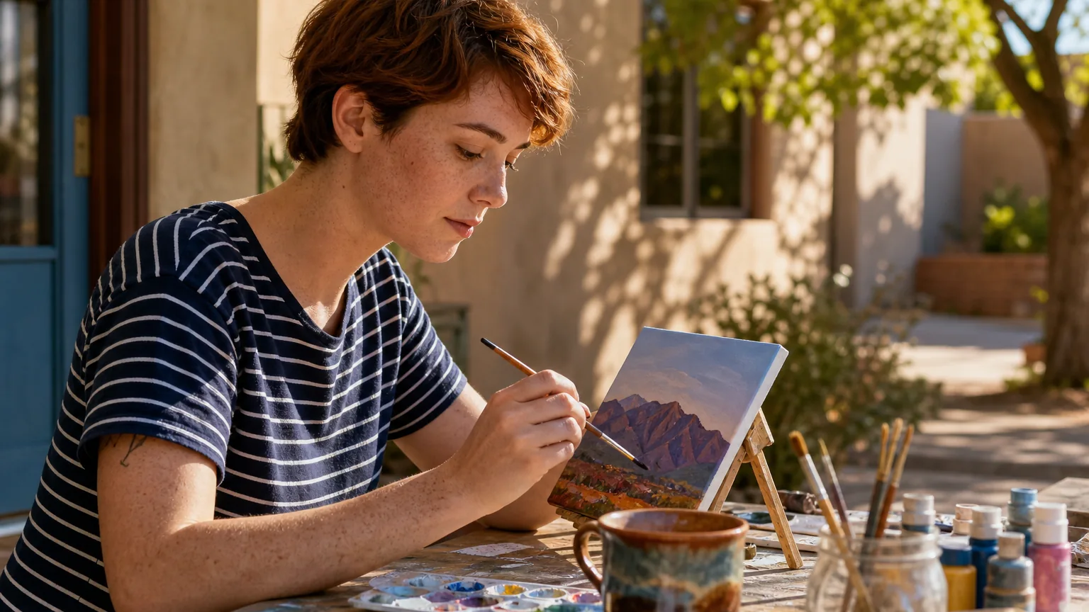 An adult paints a mountain landscape at an outdoor table with brushes, paints, and a ceramic mug in a sunny courtyard.