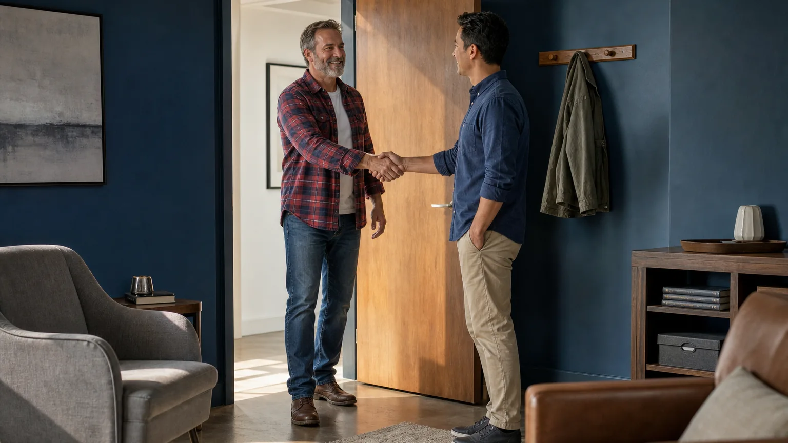 Two adult men shake hands at an open doorway in a furnished office with armchairs and dark blue walls.