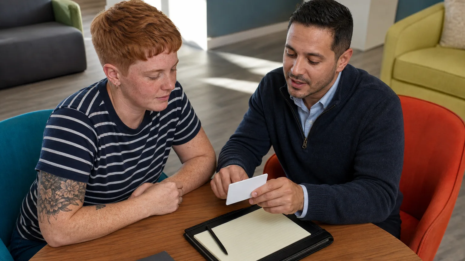 Two adults sit across a wooden table, looking at a blank card beside an open notepad in a bright lounge.