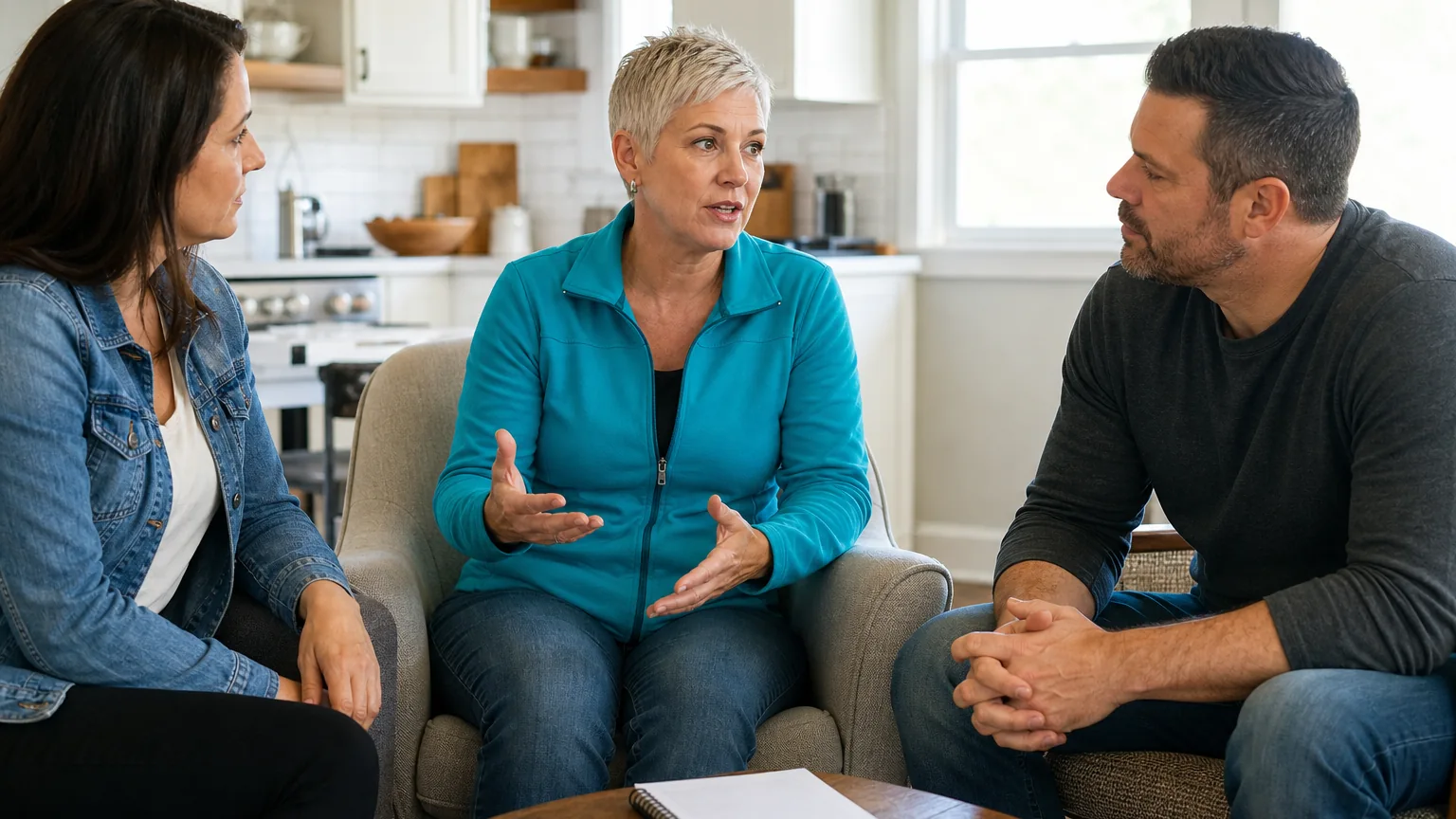 Three adults sit facing one another in a bright living room, with a woman gesturing and a notebook on the coffee table.